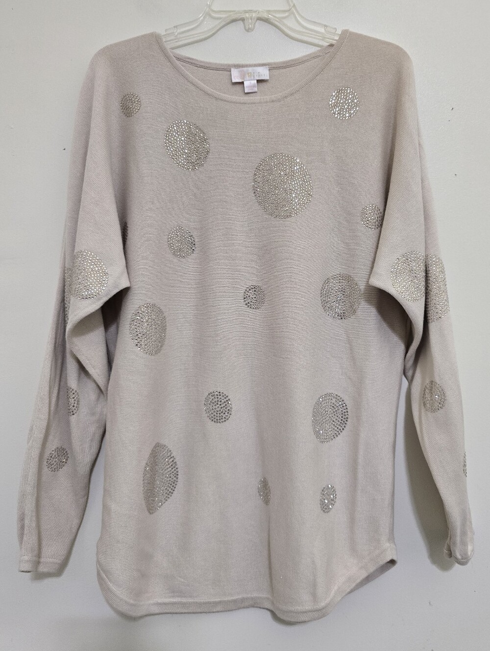 BELLE Kim Gravel size Small Embellished Sparkle Polka Dot Pullover Sweater Beige